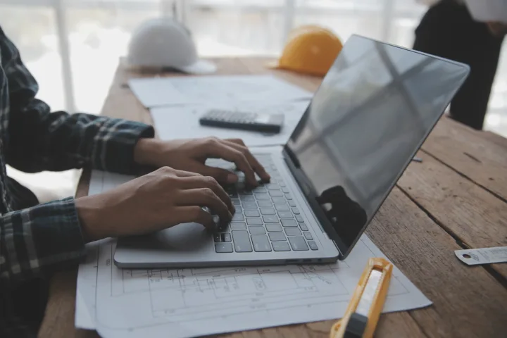 Construction structure concept engineer working drawing blueprint meeting project working with partner model building engineering tools working site construction concept